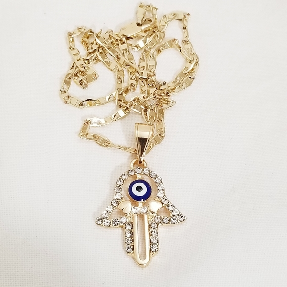 Hamsa Hand with blue Evil Eye Women's Necklace. 14K Gold Plated. New - Picture 3 of 5